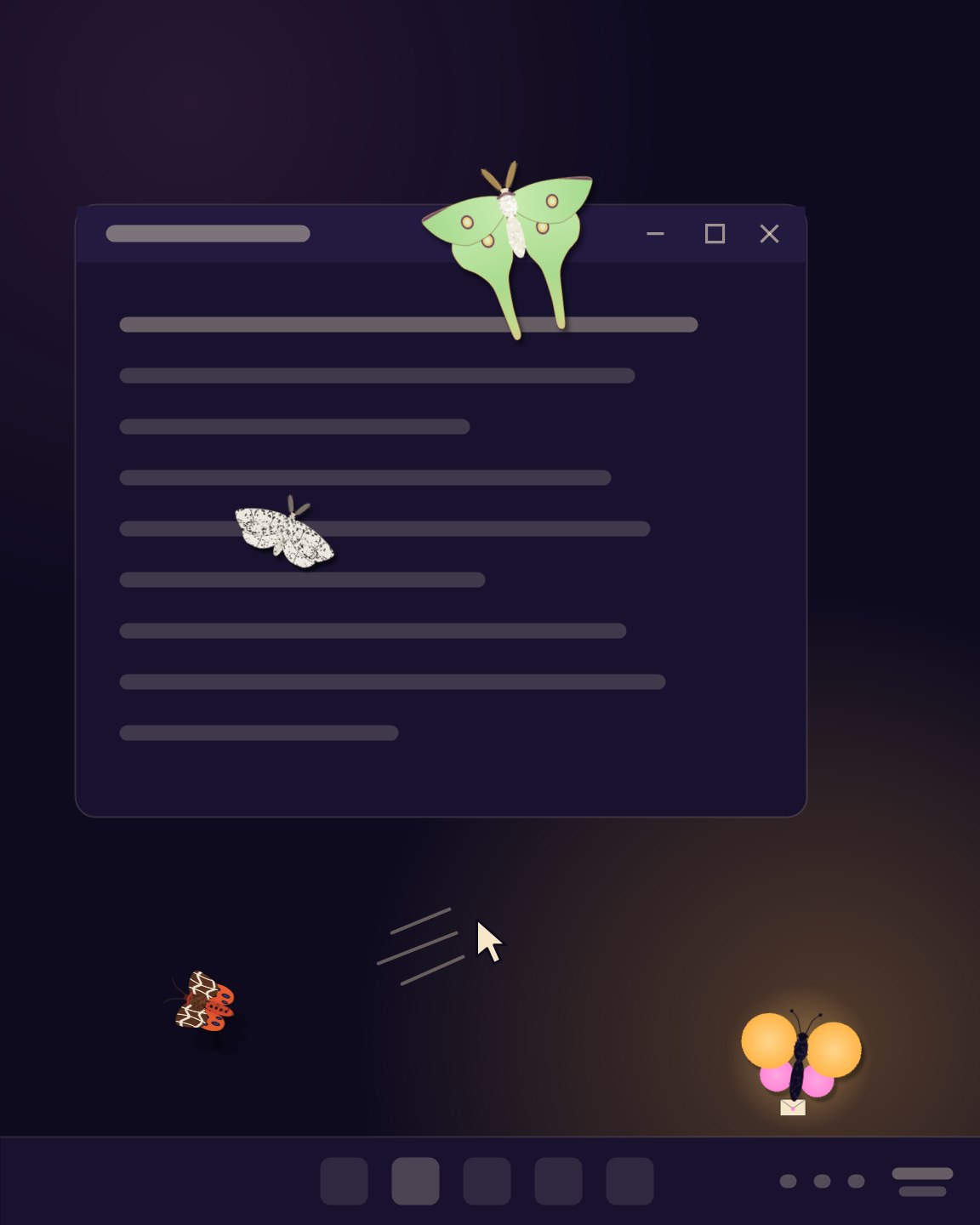 MOTHY on a dark desktop: a luna moth perched on a window's title bar, a peppered moth sitting on the text, a tiger moth fleeing the mouse cursor, and the glowing Lampmoth by the clock with a note