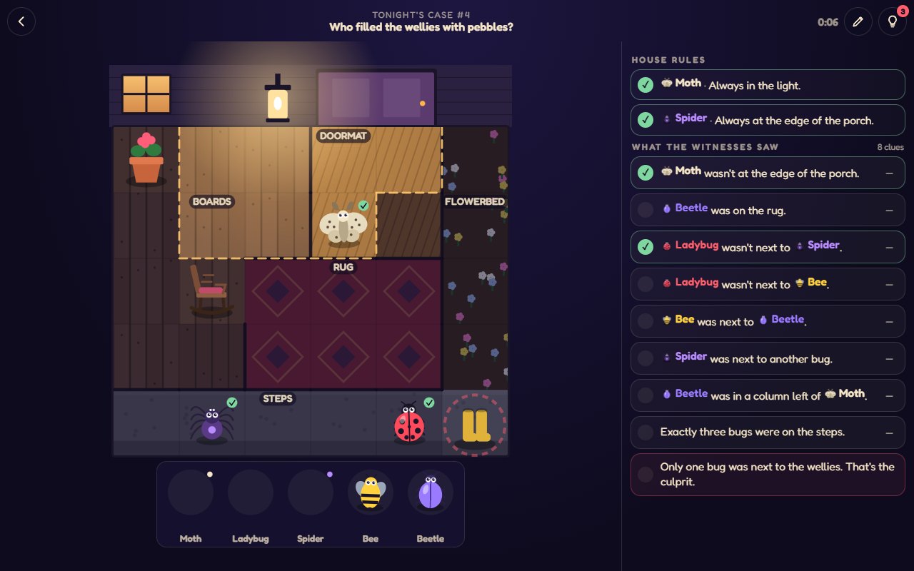 BUGDUNNIT: a night porch seen from above with bugs placed on tiles, and a list of witness statements, some ticked green