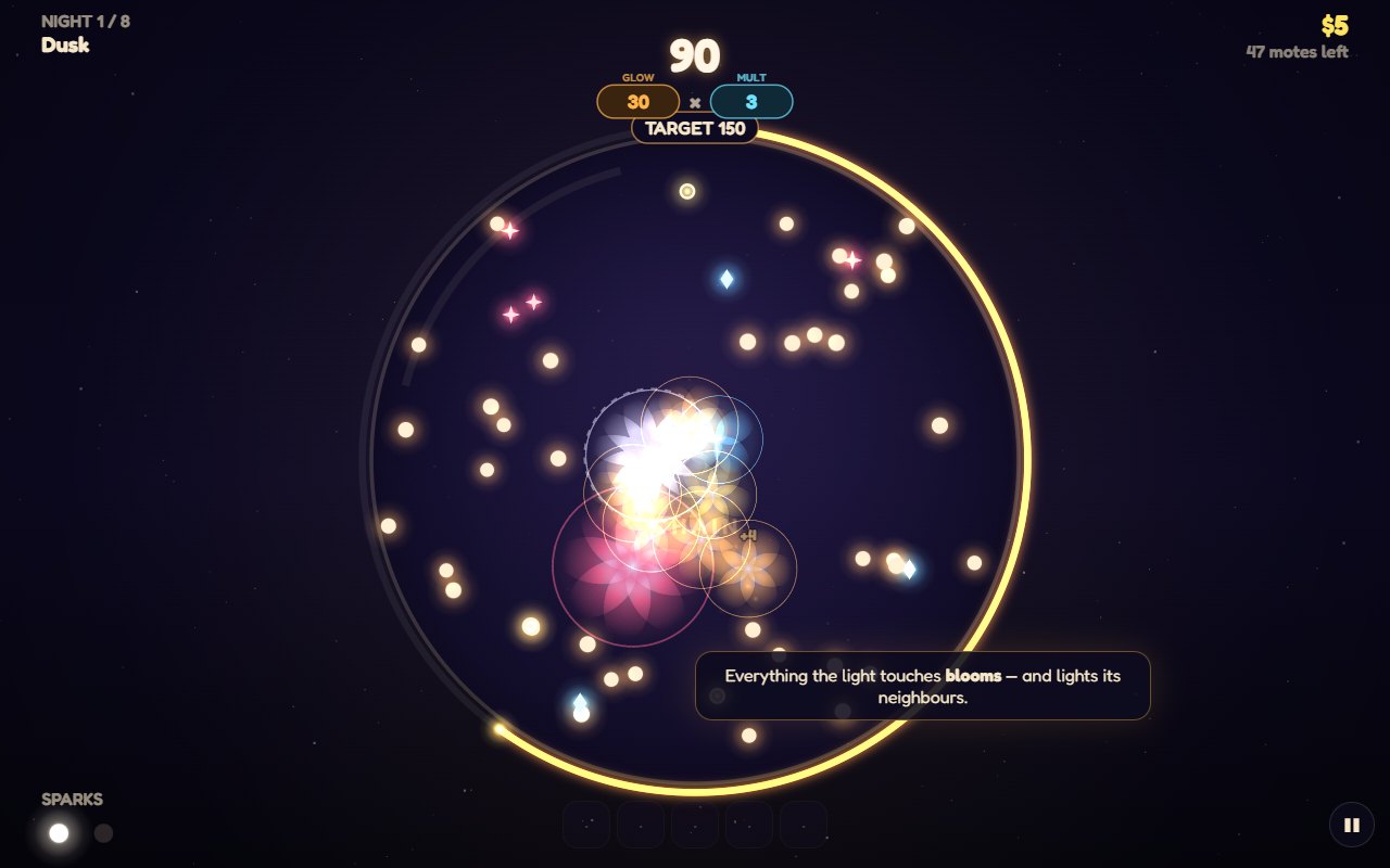 CHAINBLOOM: a round jar of glowing motes, a chain of flowers blooming outward from one tap